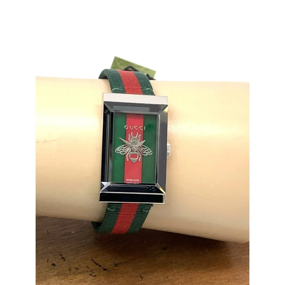 Gucci Women's Watch YA147408 G-Frame Green Red Dial Swiss Quartz Tank Nylon Band